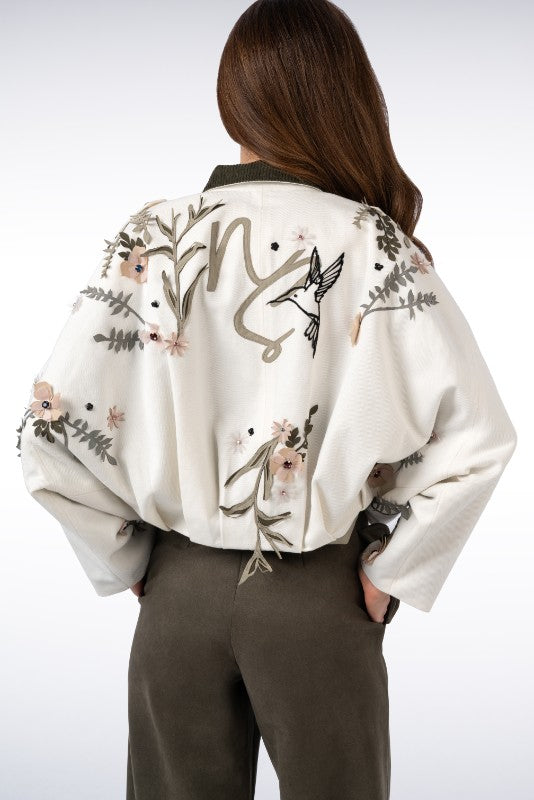 Denim Jacket with Colorful Flower and Bird Embroidery