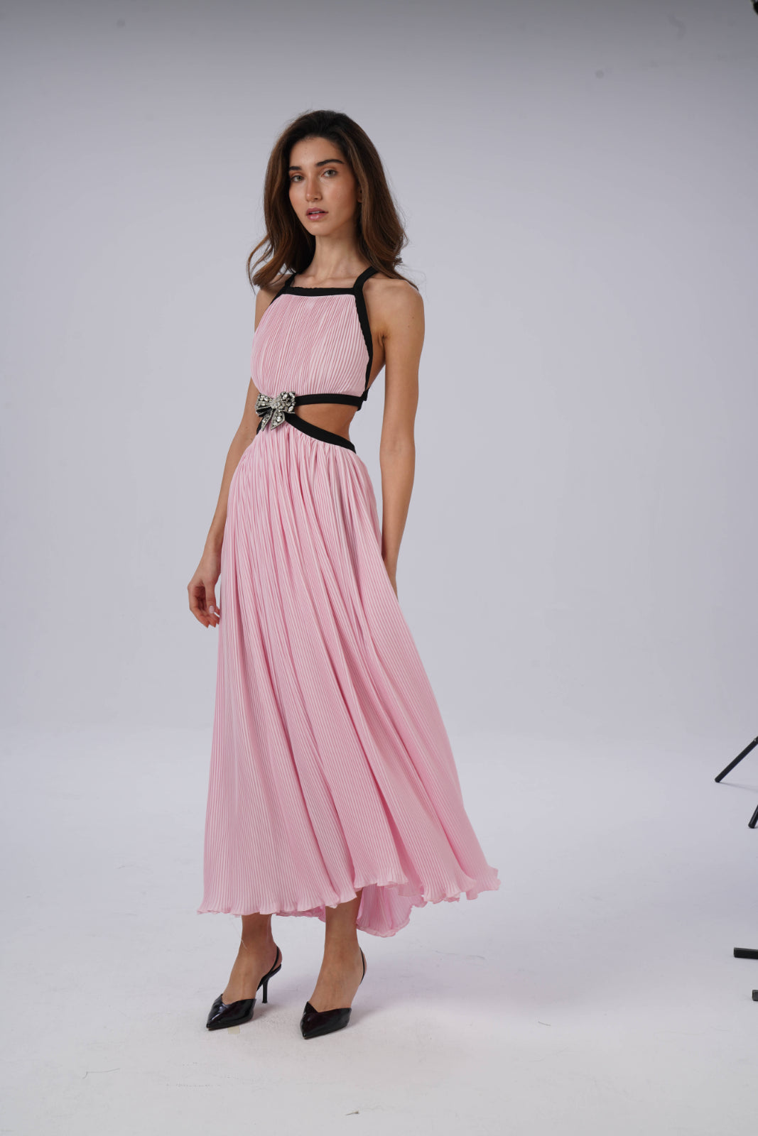 Floral Pleated Open-Back Long Dress