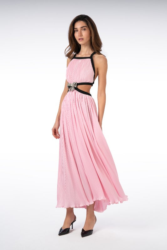 Pleated Long Dress with Bow
