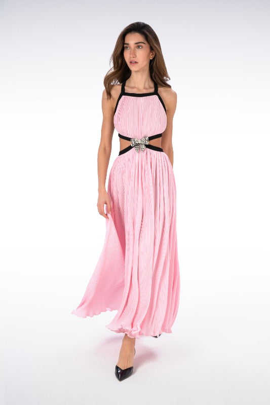 Pleated Long Dress with Bow