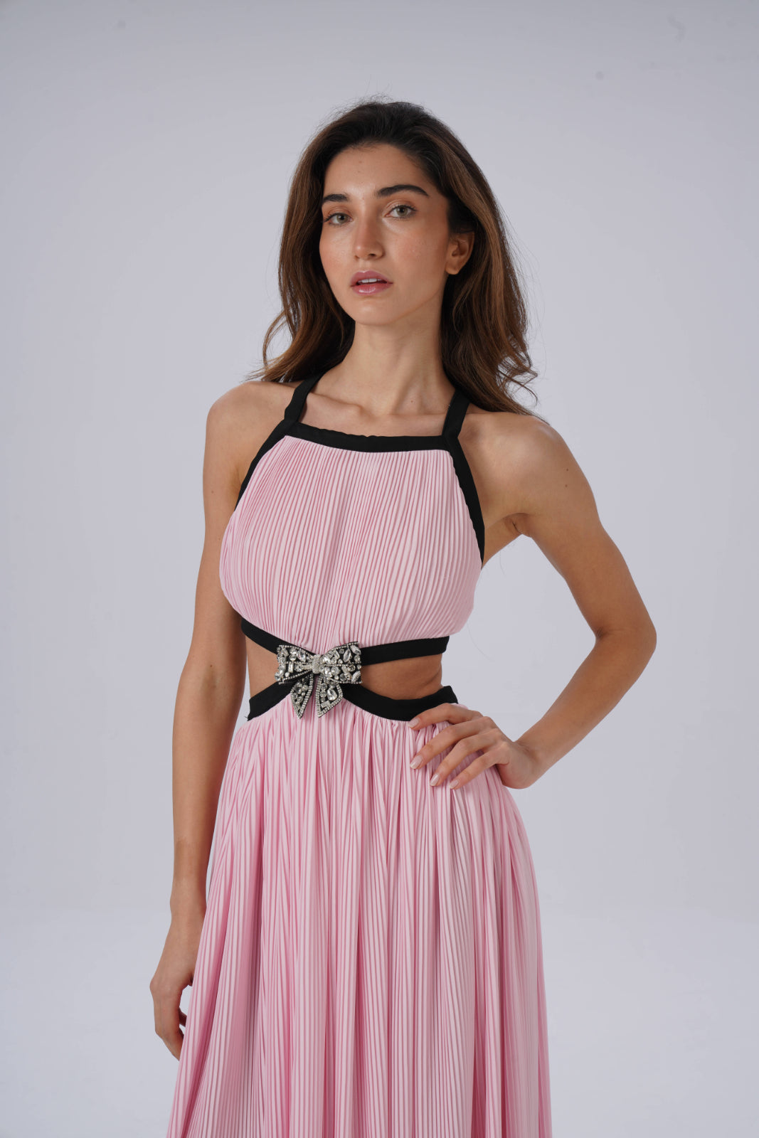 Floral Pleated Open-Back Long Dress