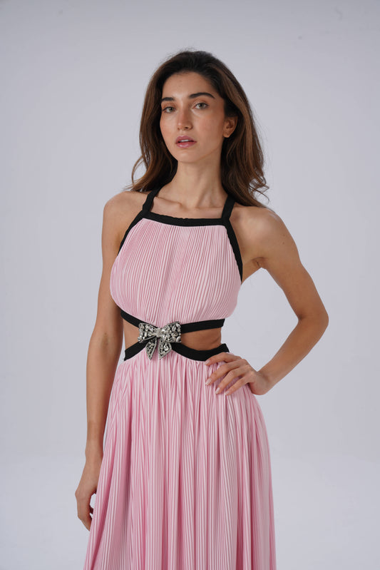 Floral Pleated Open-Back Long Dress