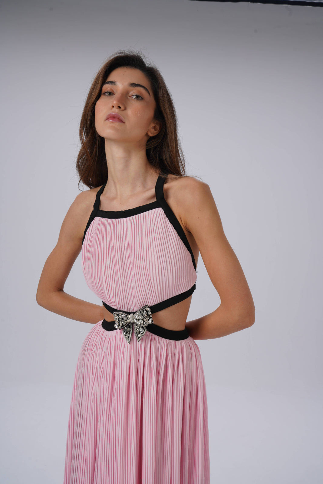 Floral Pleated Open-Back Long Dress