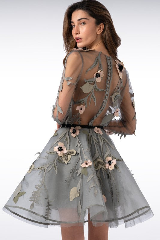 Sheer Tulle Blouse with leaf and Flower