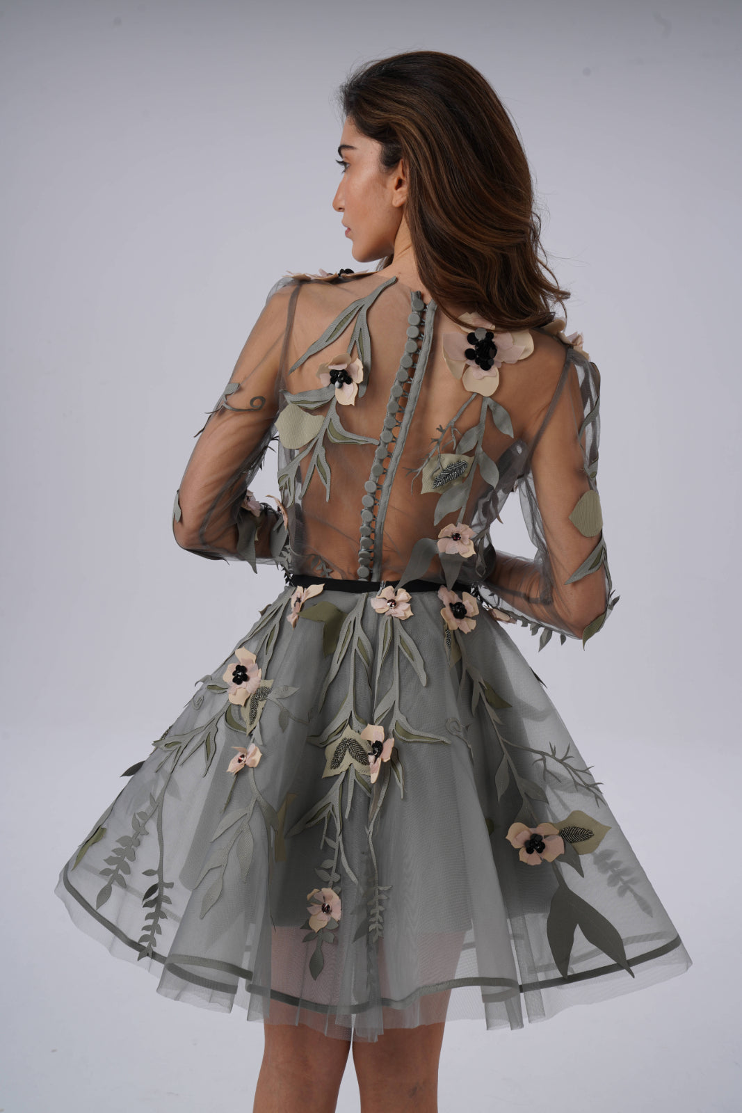 Sheer Tulle Blouse with leaf and Flower