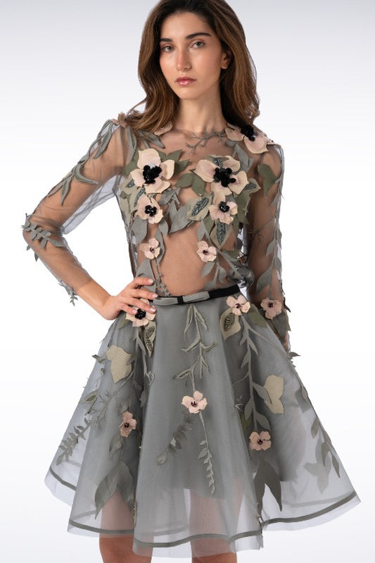 Sheer Tulle Blouse with leaf and Flower