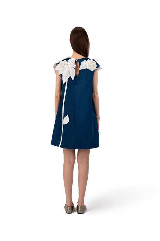 Denim Floral Branch Embellished Dress