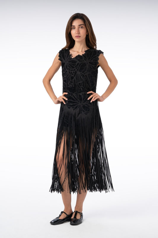 Long Black Double-Fringed Laser-Cut Dress