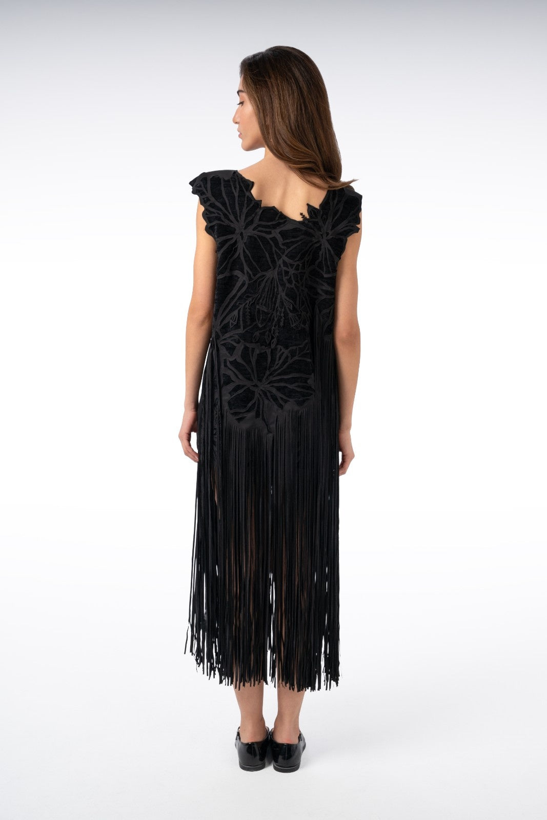 Long Black Double-Fringed Laser-Cut Dress
