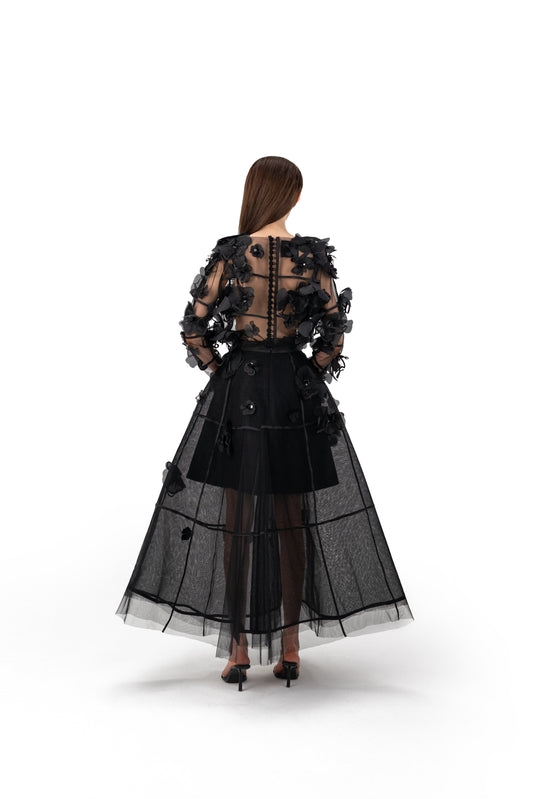 Violet-Black Square-Striped tulle Long skirt