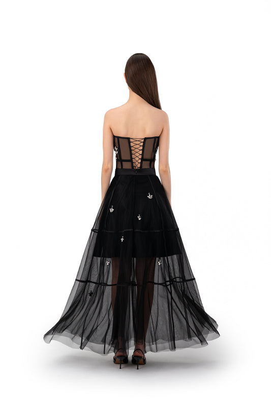 Stones Embellished Square-Striped tulle Long skirt - Black