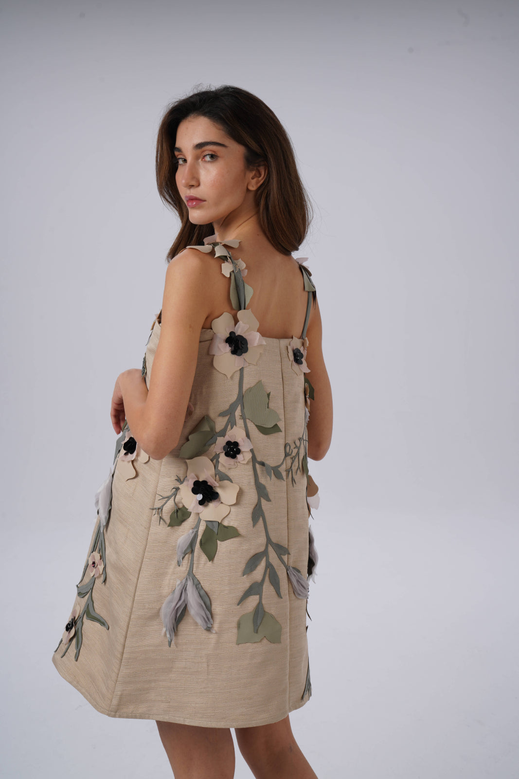 Cream Dress with Stone-Embellished Flowers and Layered Leaves