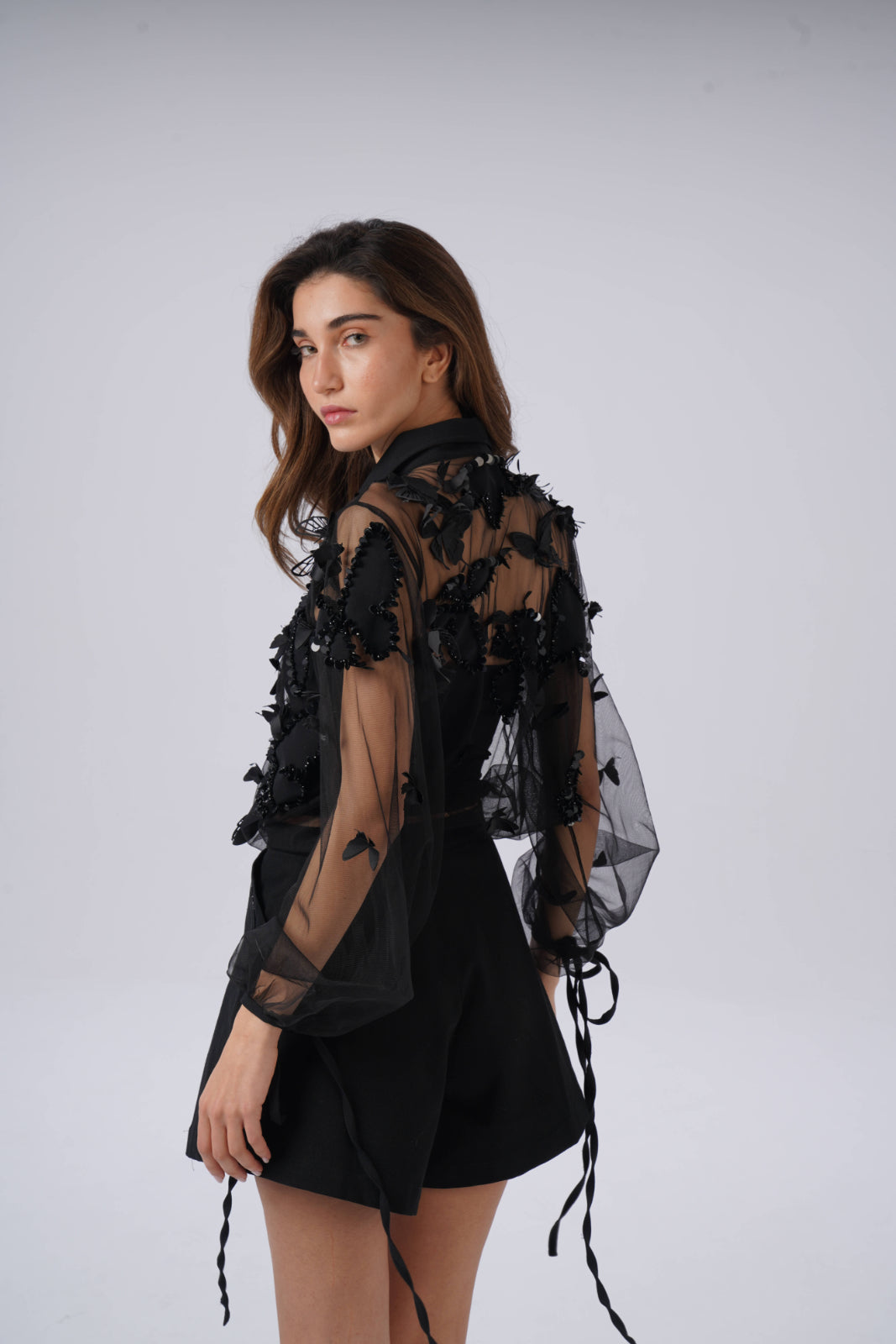 Sheer Tulle Blouse with Birds and sequin Leaves