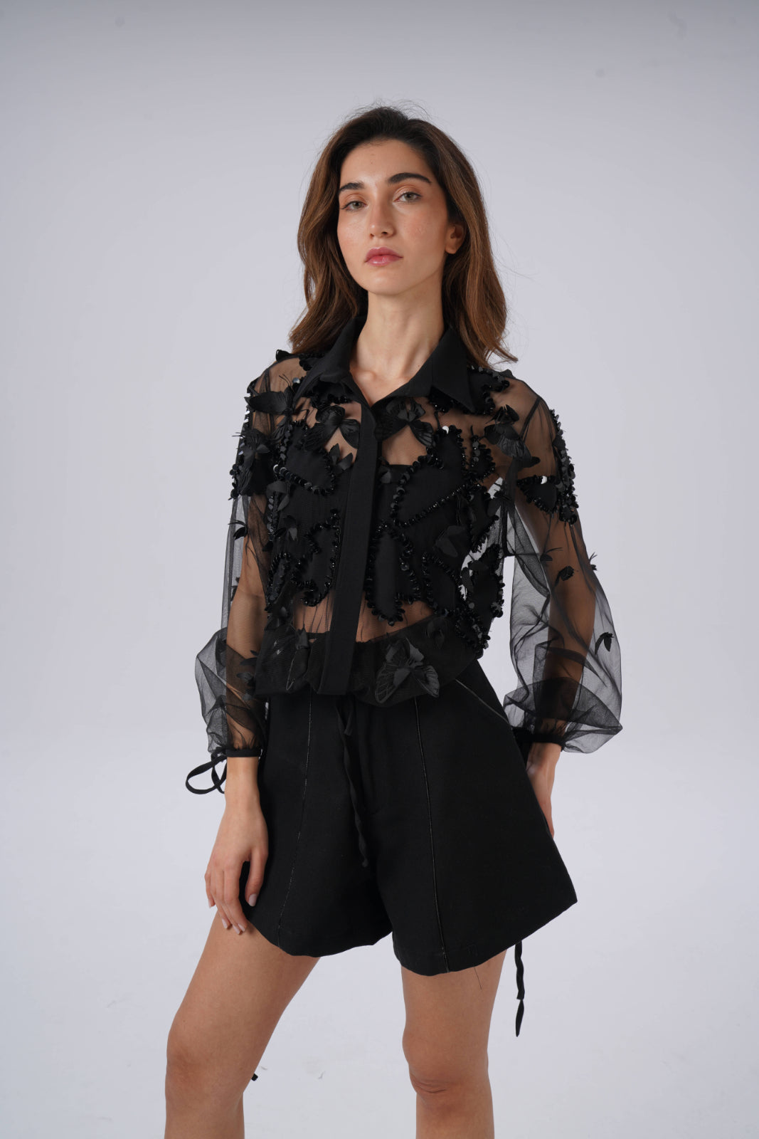 Sheer Tulle Blouse with Birds and sequin Leaves