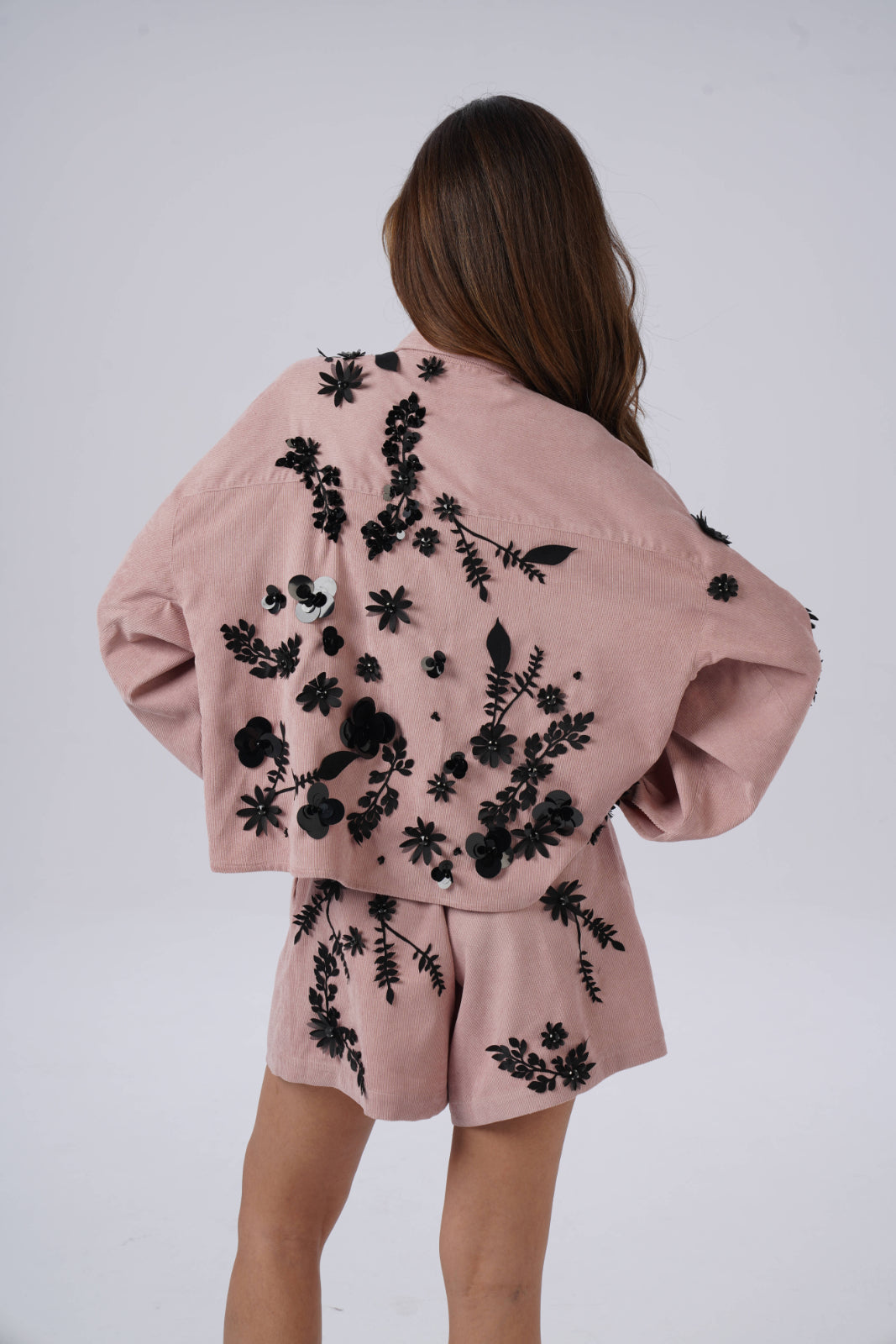 Pink Blouse with Sequin-Embroidered Branches and Flowers