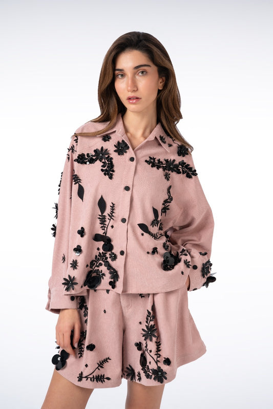 Pink Blouse with Sequin-Embroidered Branches and Flowers