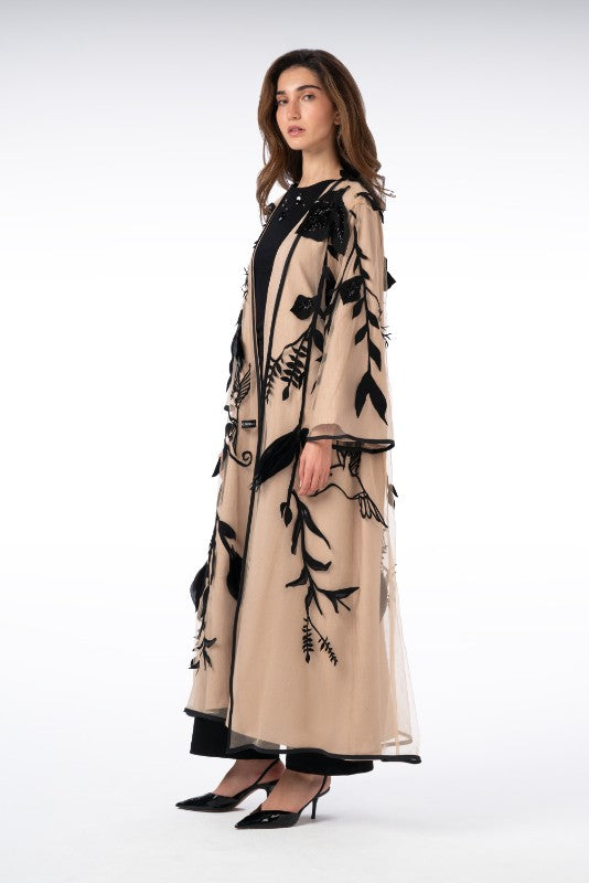 Tulle Abaya with Beaded Branch and Leaf Details
