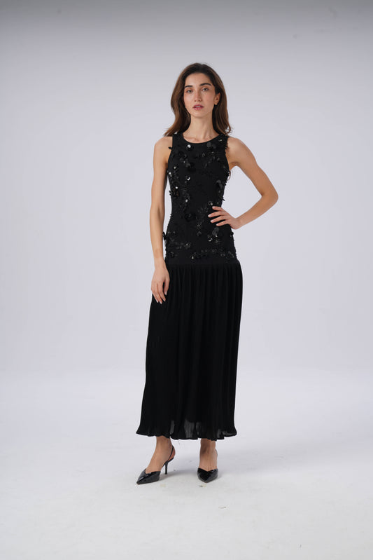 Long Pleated Skirt Dress with Sequin-Embroidered Leaves and Flowers on the Bodice