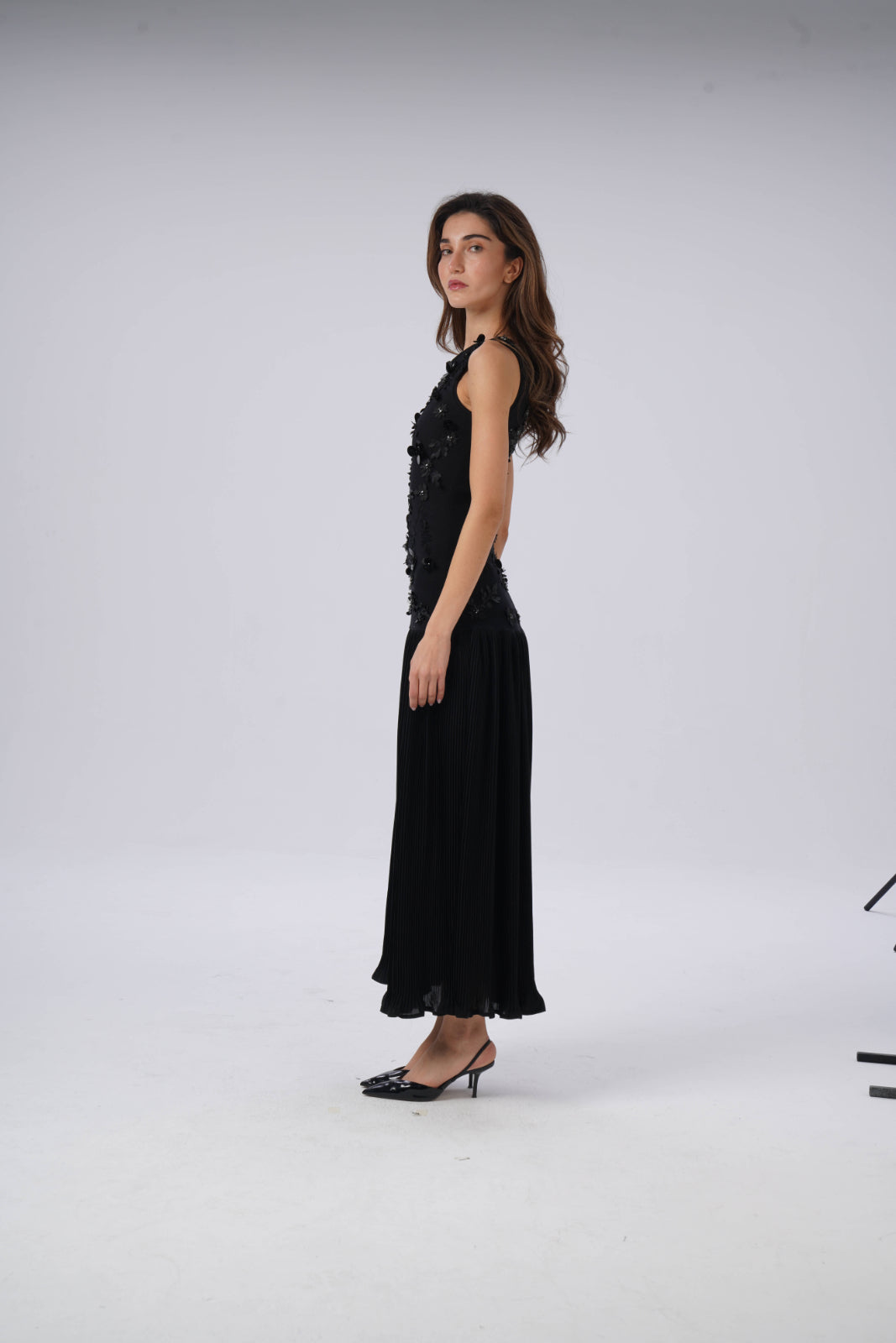 Long Pleated Skirt Dress with Sequin-Embroidered Leaves and Flowers on the Bodice