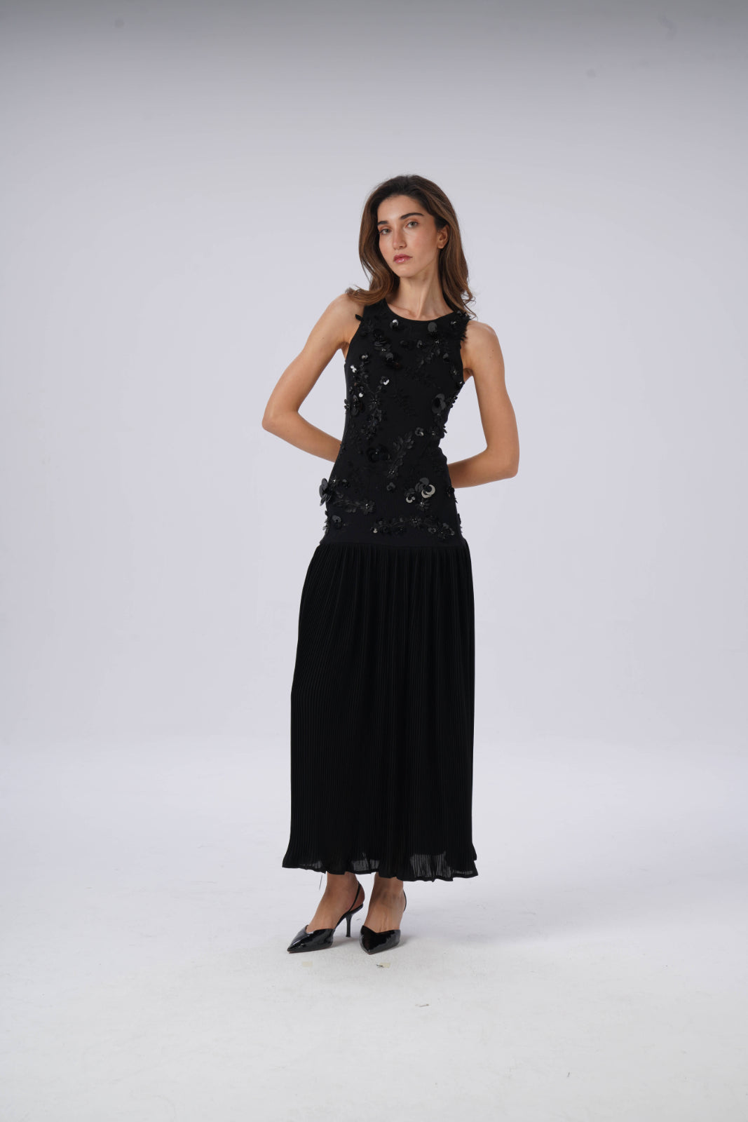 Long Pleated Skirt Dress with Sequin-Embroidered Leaves and Flowers on the Bodice