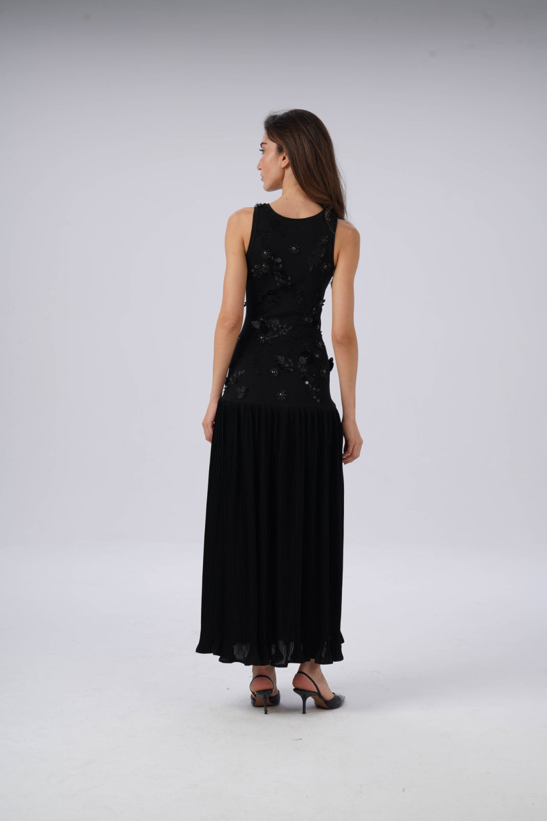 Long Pleated Skirt Dress with Sequin-Embroidered Leaves and Flowers on the Bodice