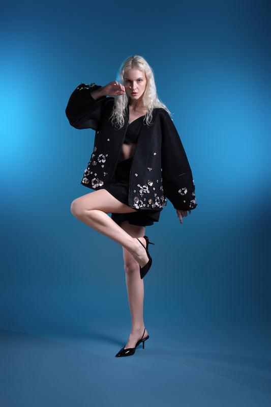 Black Honeycomb coat withColorful Floral and Sequin Embellishments
