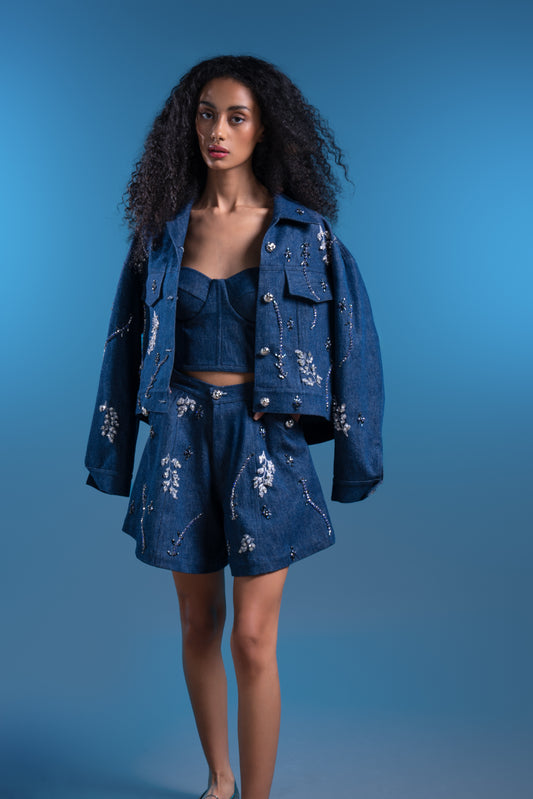 Blue Denim Shorts with Leaf and Bead Details