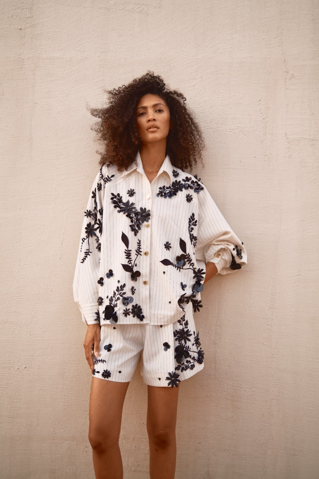 Striped Blouse with Sequin-Embroidered Branches and Flowers