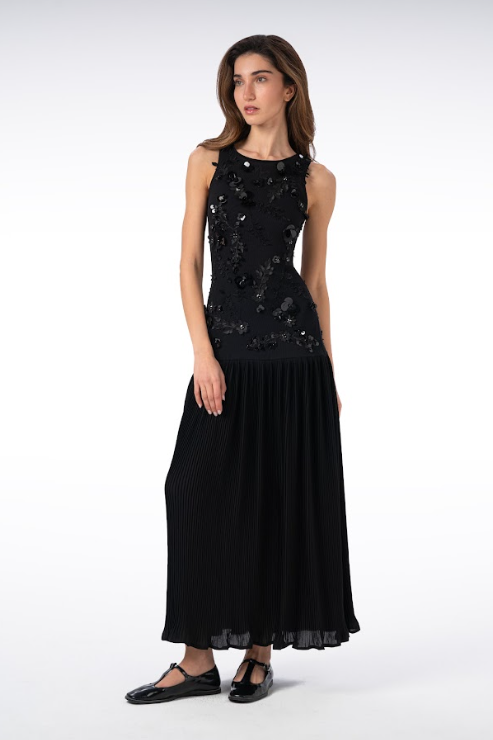 Long Pleated Skirt Dress with Sequin-Embroidered Leaves and Flowers on the Bodice