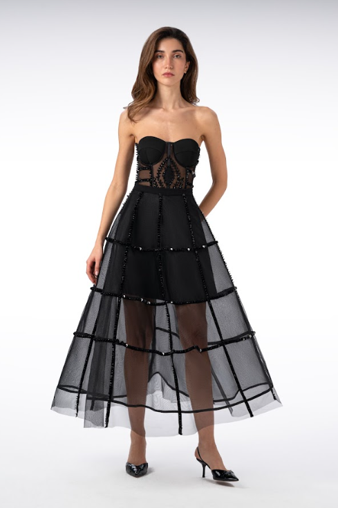 Long Skirt with Square Sequin Trim