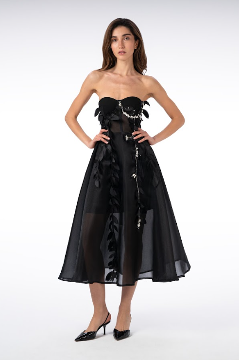 Strapless Organza Dress with Leaf, Stone and Beaded Embroidery