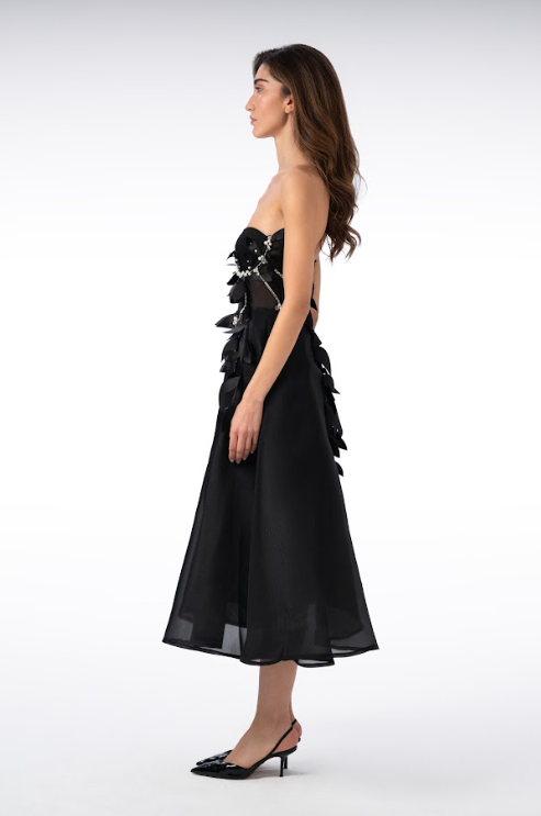 Strapless Organza Dress with Leaf, Stone and Beaded Embroidery