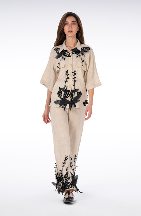 Leaf-Detail Linen Trousers