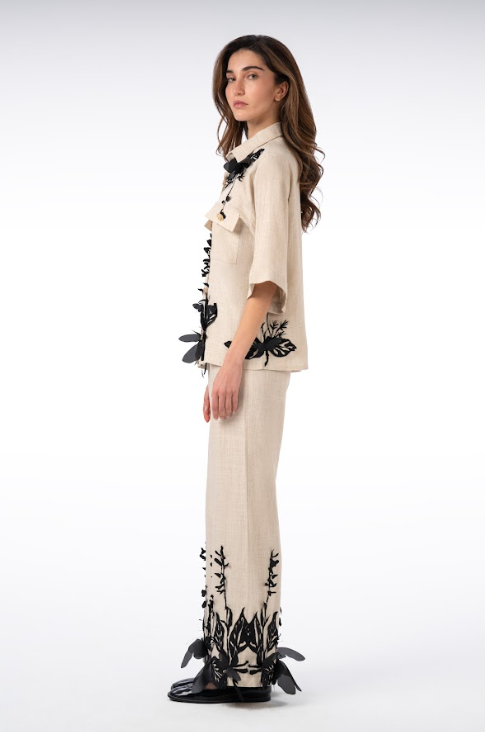 Leaf-Detail Linen Trousers