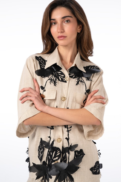 Leaf-Detail Linen Blouse